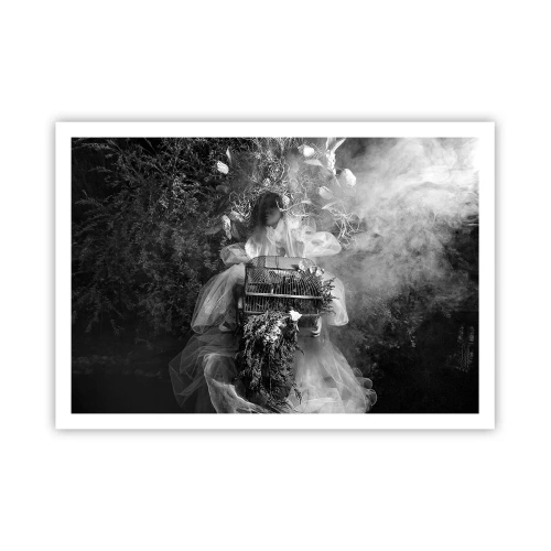 Póster - Una composición en blanco y negro con una figura con un vestido y una jaula en la niebla. - 100x70cm - La madre misma - La naturaleza - Decoración de pared moderna para salón y dormitorio ARTTOR