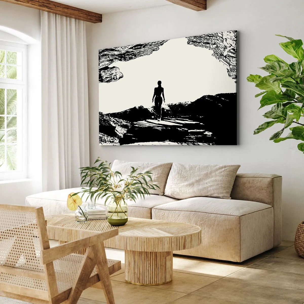 Cuadro sobre lienzo - Impresión de Imagen - Silueta en blanco y negro de una mujer en una cueva contra el cielo - 70x50cm - Una nueva mirada - Decoración de pared moderna para salón y dormitorio ARTTOR