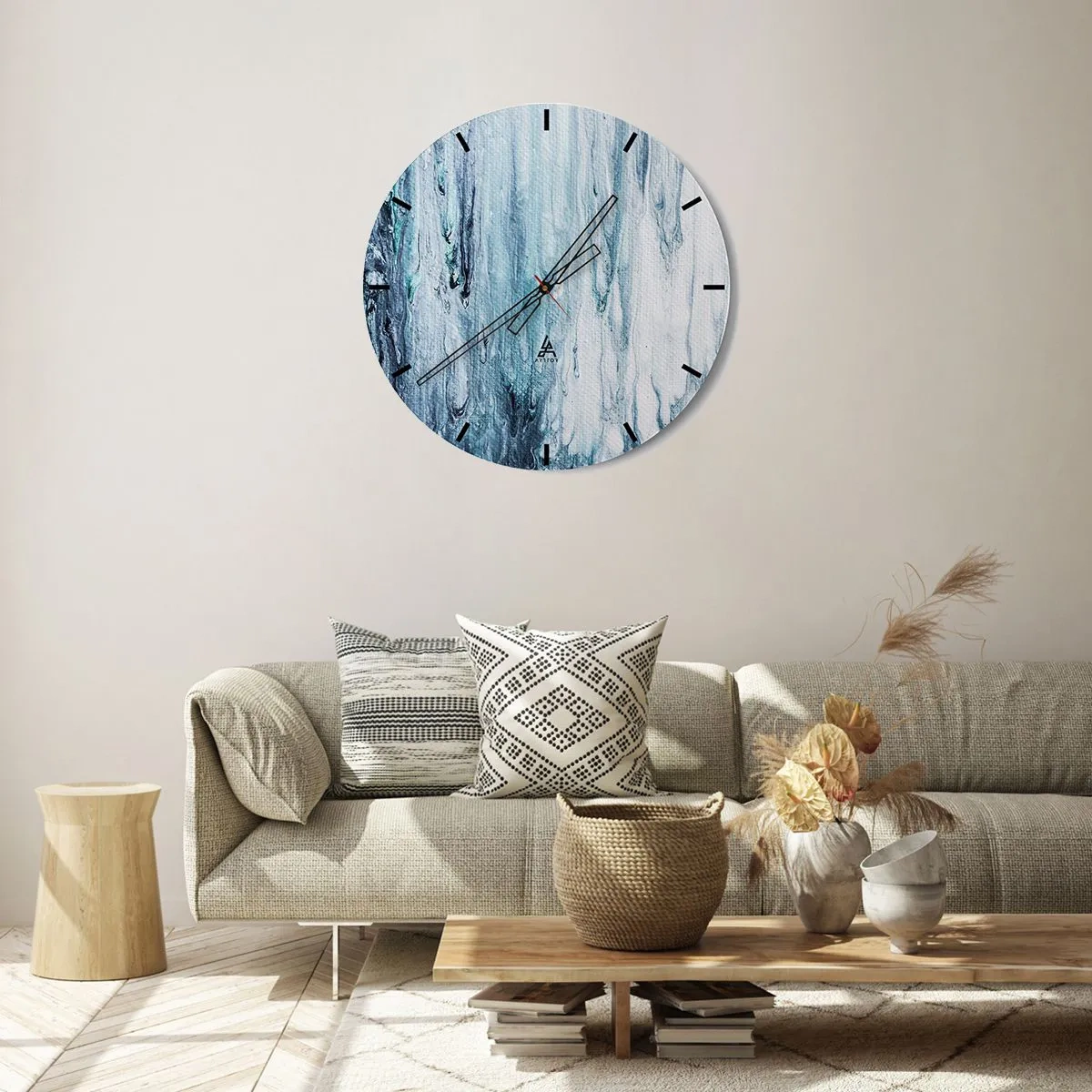 Reloj de pared - Reloj de vidrio - Cascada abstracta en tonos azules - 30x30cm - Carámbanos de azul - Decoración de pared moderna para salón, cocina y dormitorio ARTTOR
