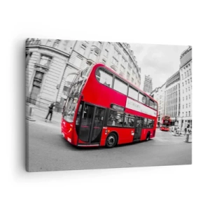 Cuadro sobre lienzo - Impresión de Imagen - Un autobús rojo de Londres contra una calle en blanco y negro - 70x50cm - Londres tradicional - en autobús - Decoración de pared moderna para salón y dormitorio ARTTOR