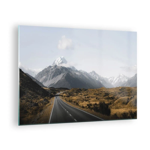 Cuadro sobre vidrio - Impresiones sobre Vidrio - Una carretera asfaltada que conduce hacia las montañas cubiertas de nieve. - 70x50cm - El camino al corazón de las montañas - Decoración de pared moderna para salón y dormitorio ARTTOR
