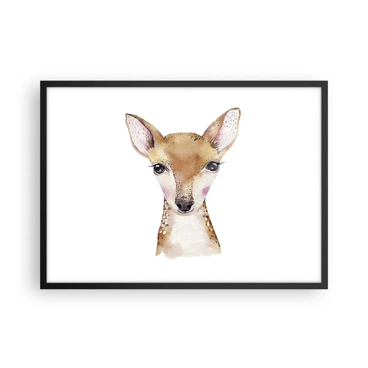 Póster en marco negro - Retrato en acuarela de un corzo joven sobre un fondo blanco - 70x50cm - La naturaleza de la inocencia - Decoración de pared moderna para salón y dormitorio ARTTOR