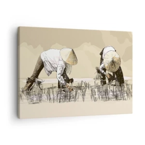 Cuadro sobre lienzo - Impresión de Imagen - Agricultores trabajando en un campo de arroz con sombreros tradicionales - 70x50cm - De una cosecha exitosa - Decoración de pared moderna para salón y dormitorio ARTTOR
