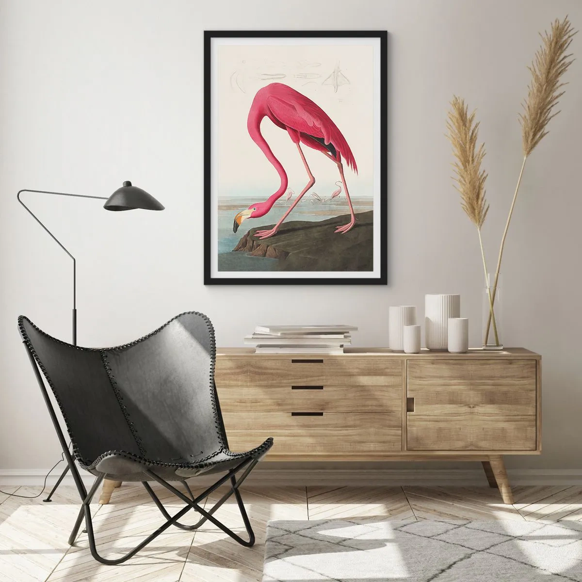 Póster en marco negro - Un flamenco rosado frente a un paisaje natural. - 50x70cm - Creación asombrosa - Decoración de pared moderna para salón y dormitorio ARTTOR