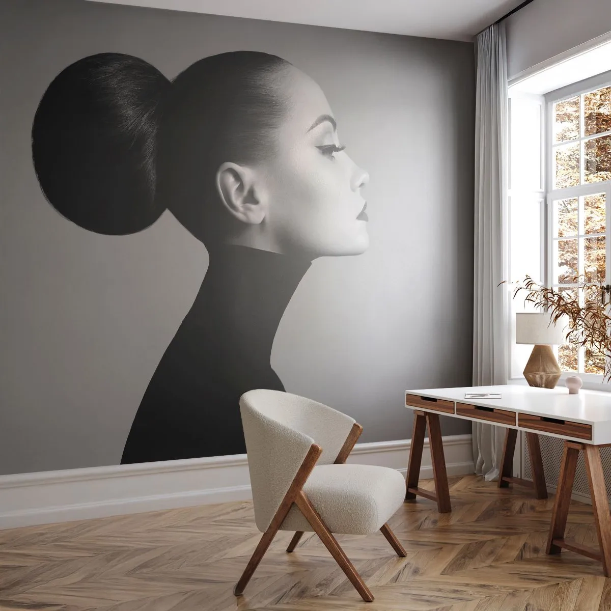 Fotomural Standard Eco - Perfil femenino estilizado en blanco y negro - 100x70cm - Nefertiti contemporánea - Decoración de pared moderna para salón y dormitorio ARTTOR