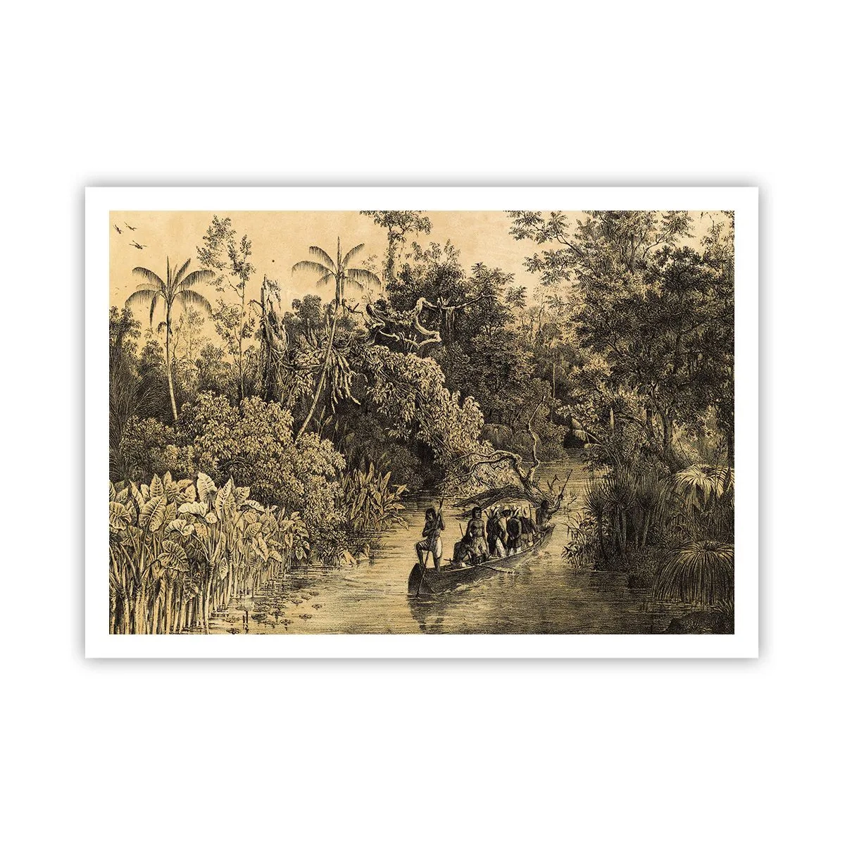 Póster - Dibujo de una jungla con un barco en un río. - 100x70cm - Expedición a la fuente - Decoración de pared moderna para salón y dormitorio ARTTOR