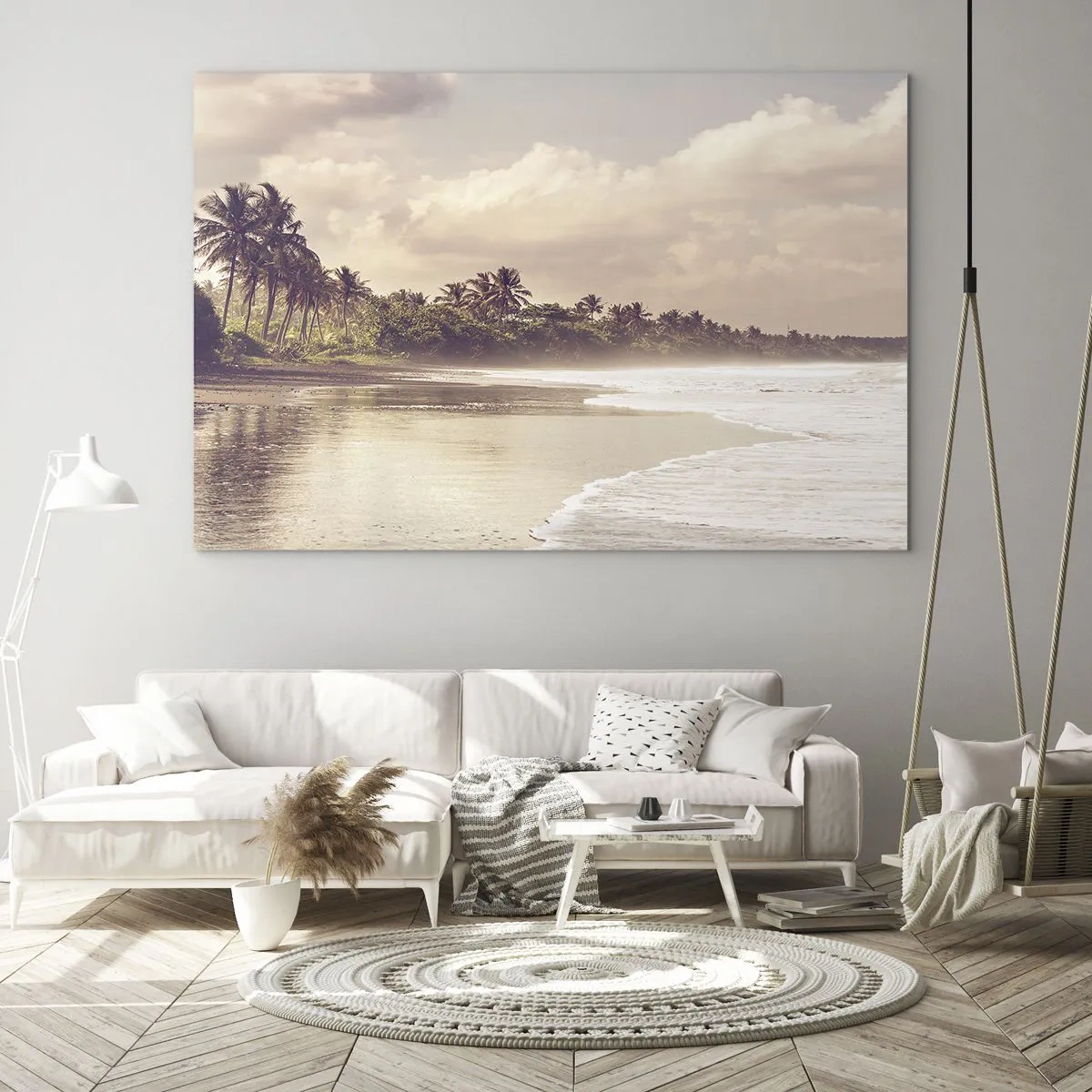 Cuadro sobre vidrio - Impresiones sobre Vidrio - Una playa dorada con palmeras y un océano en calma bajo la suave luz. - 120x80cm - La caricia de las olas - Decoración de pared moderna para salón y dormitorio ARTTOR