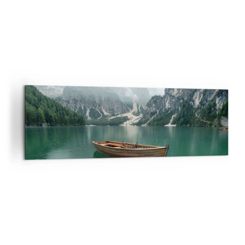 Cuadro sobre lienzo - Impresión de Imagen - Un barco de madera en un muelle en un lago rodeado de montañas. - 160x50cm - Paisaje inolvidable - Decoración de pared moderna para salón y dormitorio ARTTOR