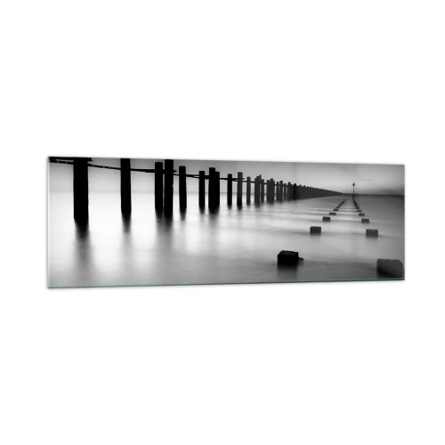 Cuadro sobre vidrio - Impresiones sobre Vidrio - Postes de madera y bloques de hormigón sumergidos en agua en tonos blanco y negro - 160x50cm - Valles grises en la niebla - Decoración de pared moderna para salón y dormitorio ARTTOR