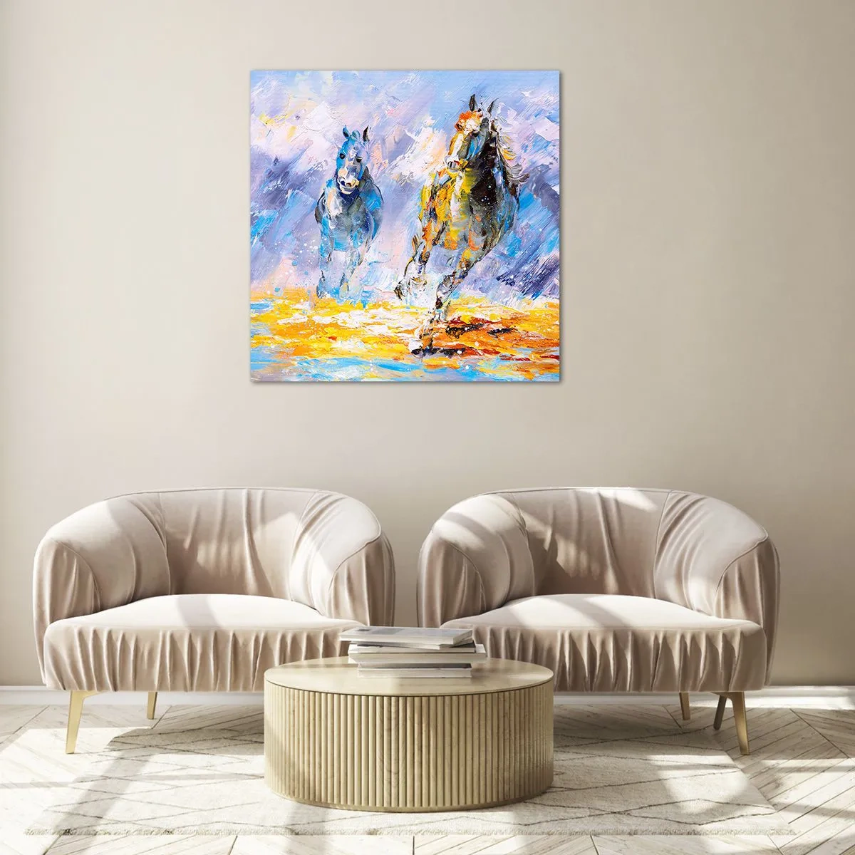 Cuadro sobre vidrio - Impresiones sobre Vidrio - Galopando a través del resplandor - 70x70 cm