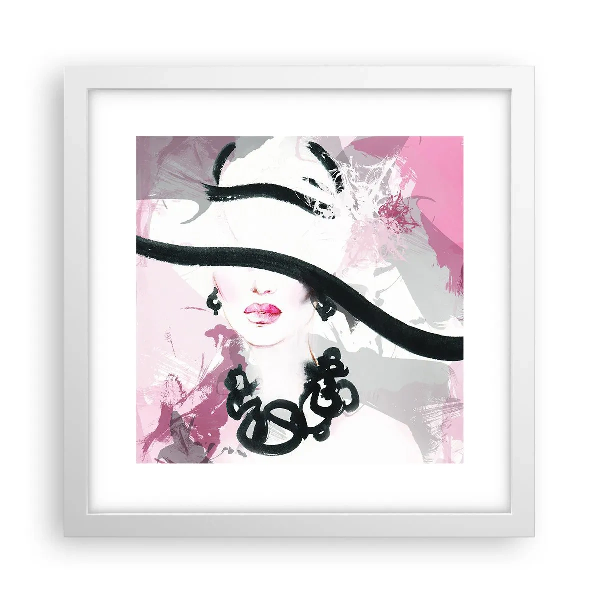 Póster en marco blanco - Retrato de una dama en negro y rosa - 30x30 cm
