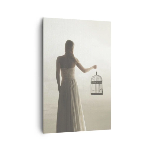 Cuadro sobre lienzo - Impresión de Imagen - Una mujer con una jaula contra un cielo en calma. - 80x120cm - Sé libre - Decoración de pared moderna para salón y dormitorio ARTTOR