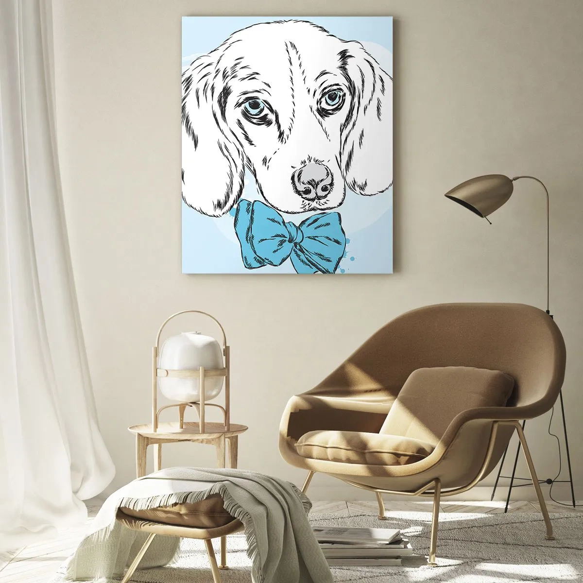 Cuadro sobre vidrio - Impresiones sobre Vidrio - Adorable gráfico de un perro con una pajarita sobre un fondo pastel. - 80x120cm - Elegancia canina - Decoración de pared moderna para salón y dormitorio ARTTOR