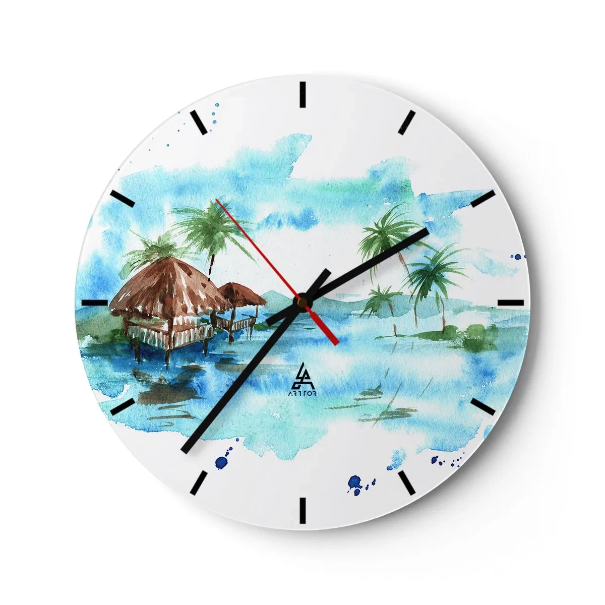 Reloj de pared - Reloj de vidrio - Paisaje de acuarela con cabañas sobre el agua - 30x30cm - En algún lugar del Pacífico - Decoración de pared moderna para salón, cocina y dormitorio ARTTOR
