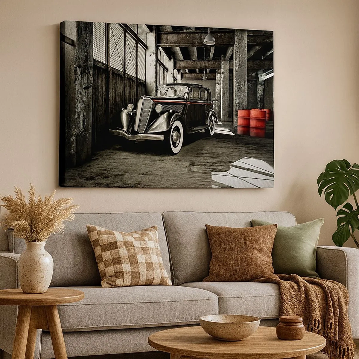 Cuadro sobre lienzo - Impresión de Imagen - Un elegante coche retro en un almacén rústico - 70x50cm - La elegancia perdurable de los años 30. - Decoración de pared moderna para salón y dormitorio ARTTOR