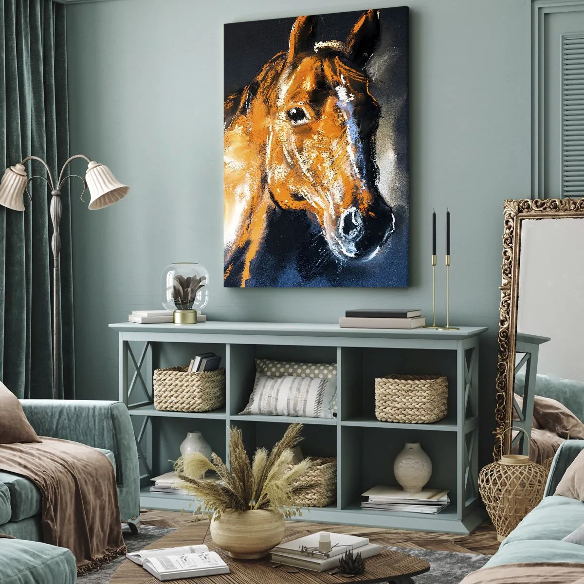Cuadro sobre lienzo - Impresión de Imagen - Retrato de un caballo en un estilo dinámico y pictórico. - 50x70cm - Entonces, ¿vienes? - Decoración de pared moderna para salón y dormitorio ARTTOR