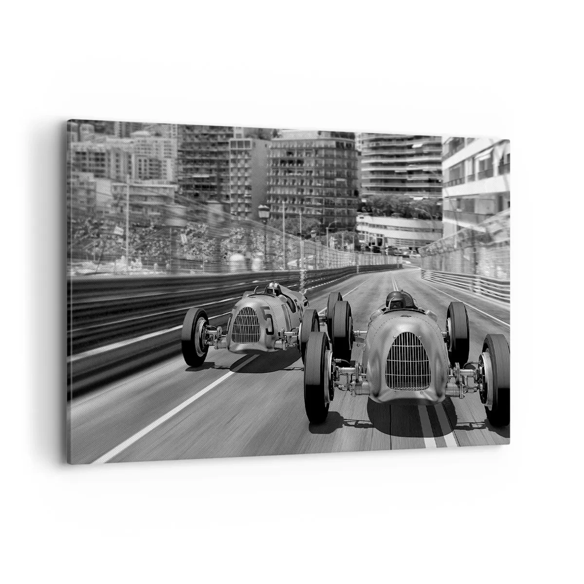 Cuadro sobre lienzo - Impresión de Imagen - Escena de carrera de coches retro monocromática - 100x70cm - Érase una vez en Montecarlo - Decoración de pared moderna para salón y dormitorio ARTTOR