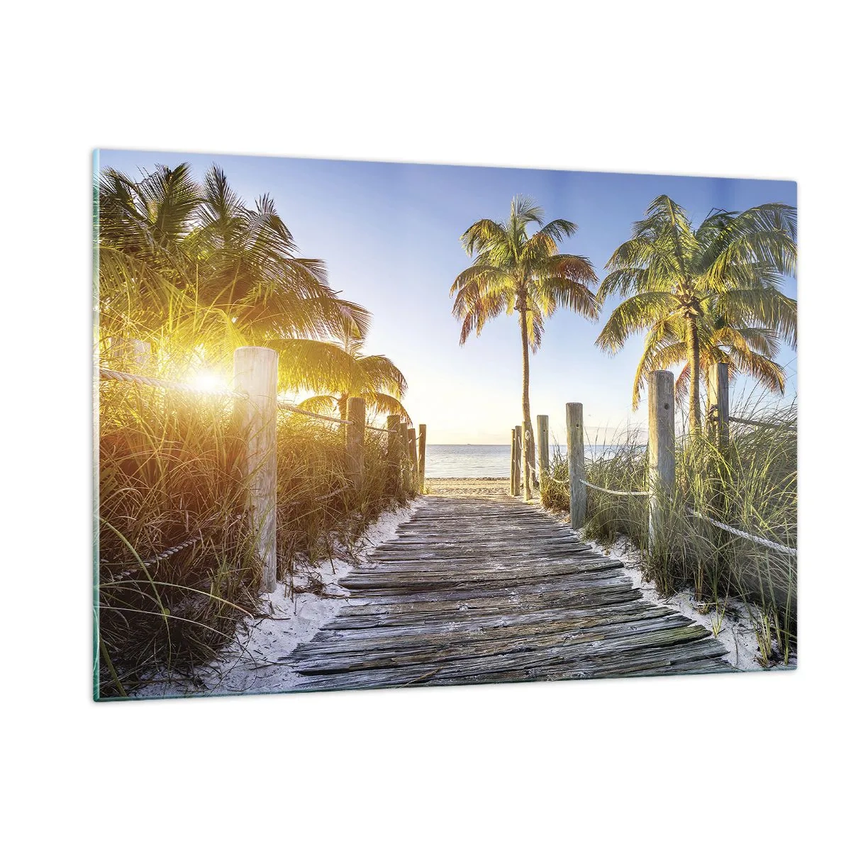 Cuadro sobre vidrio - Impresiones sobre Vidrio - Camino de madera en la playa rodeado de palmeras. - 120x80cm - Directo al paraíso - Decoración de pared moderna para salón y dormitorio ARTTOR