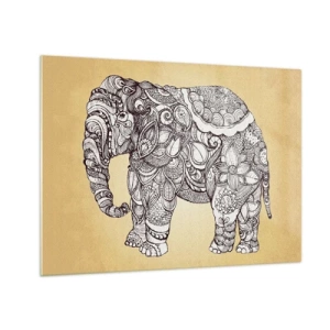 Cuadro sobre vidrio - Impresiones sobre Vidrio - Elefante blanco y negro con patrones orientales sobre fondo beige. - 70x50cm - El elefante decorado - Decoración de pared moderna para salón y dormitorio ARTTOR