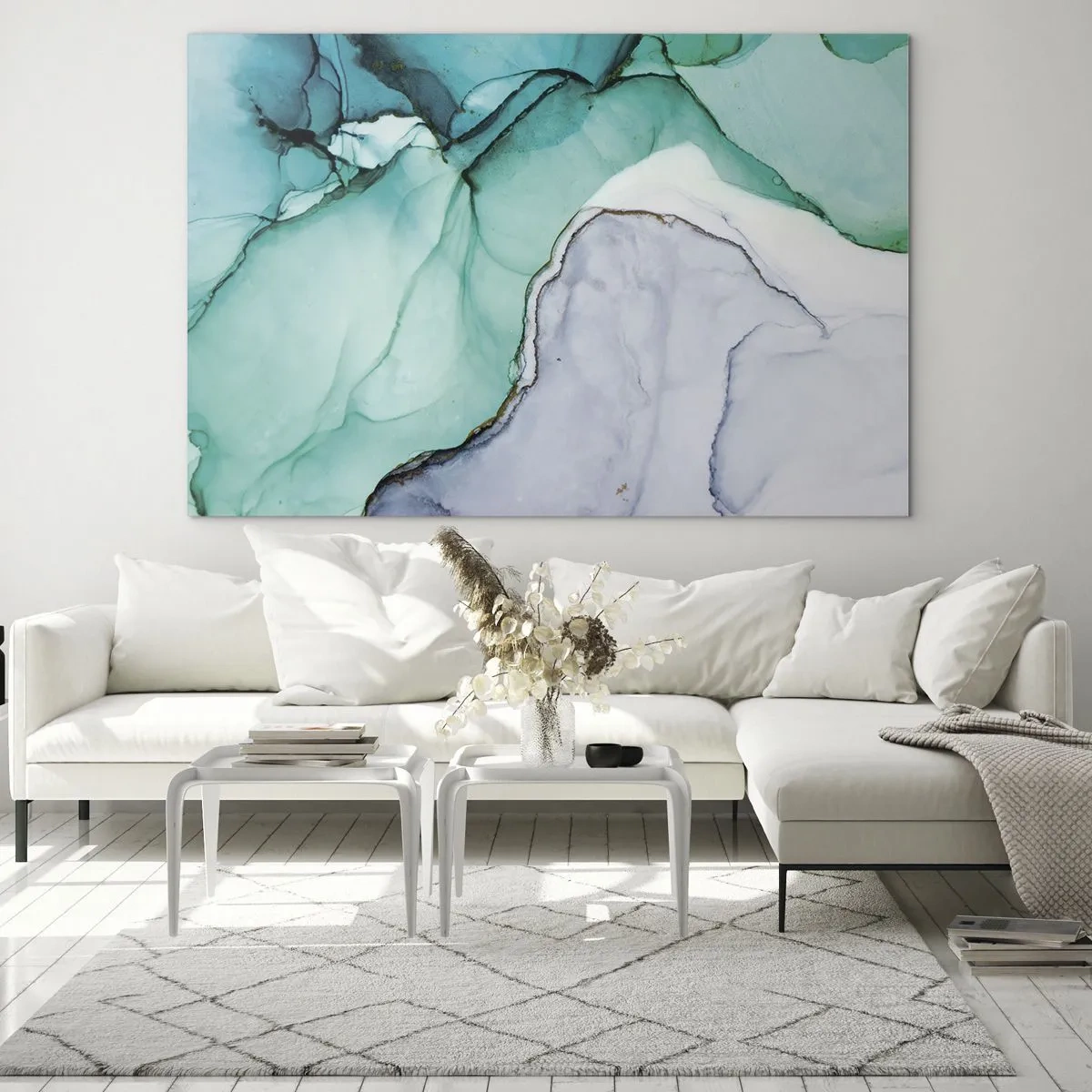 Cuadro sobre vidrio - Impresiones sobre Vidrio - Un cuadro abstracto en tonos turquesa y blanco, con delicadas grietas. - 120x80cm - Estudio en turquesa - Decoración de pared moderna para salón y dormitorio ARTTOR