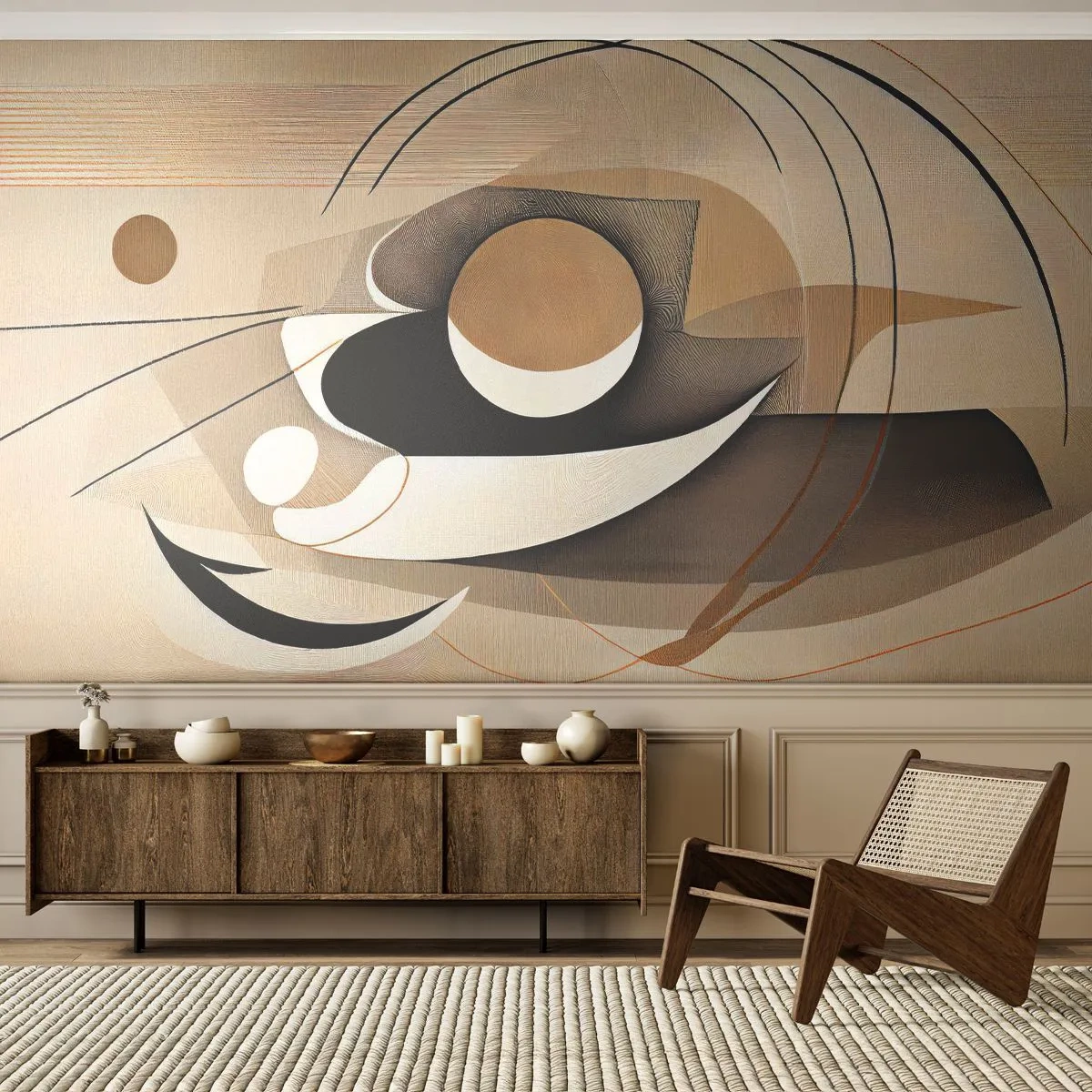 Fotomural Premium Sand - Abstracción beige con formas geométricas y líneas delicadas. - 100x70cm - Composición: la esencia de las cosas - Decoración de pared moderna para salón y dormitorio ARTTOR