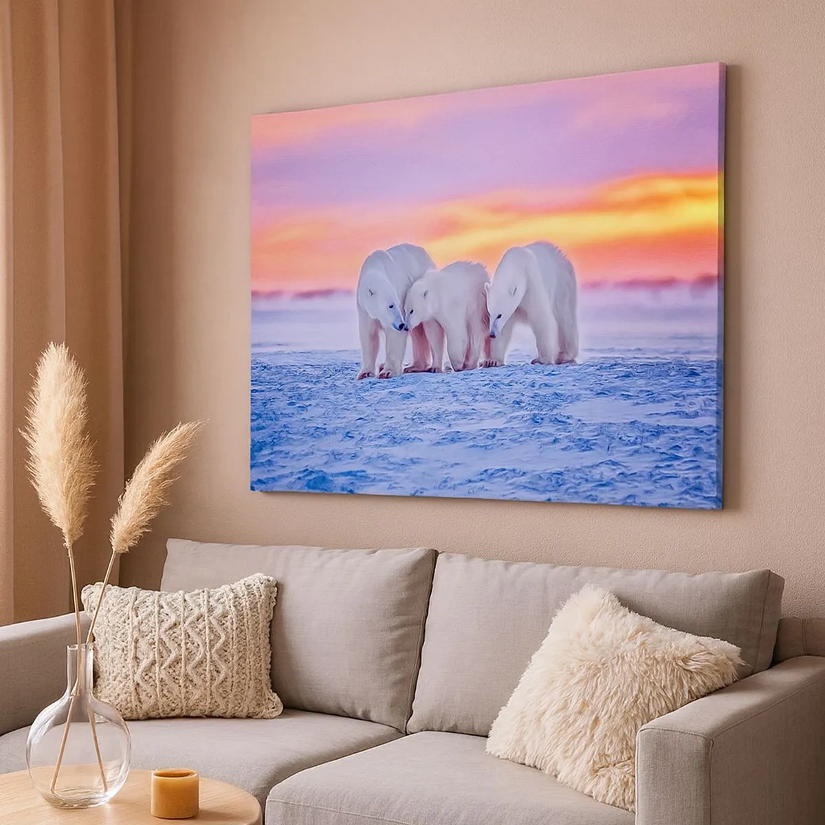 Cuadro sobre lienzo - Impresión de Imagen - Tres osos polares con el telón de fondo de una puesta de sol ártica. - 70x50cm - Todo lo que necesitas es el calor de la familia - Decoración de pared moderna para salón y dormitorio ARTTOR