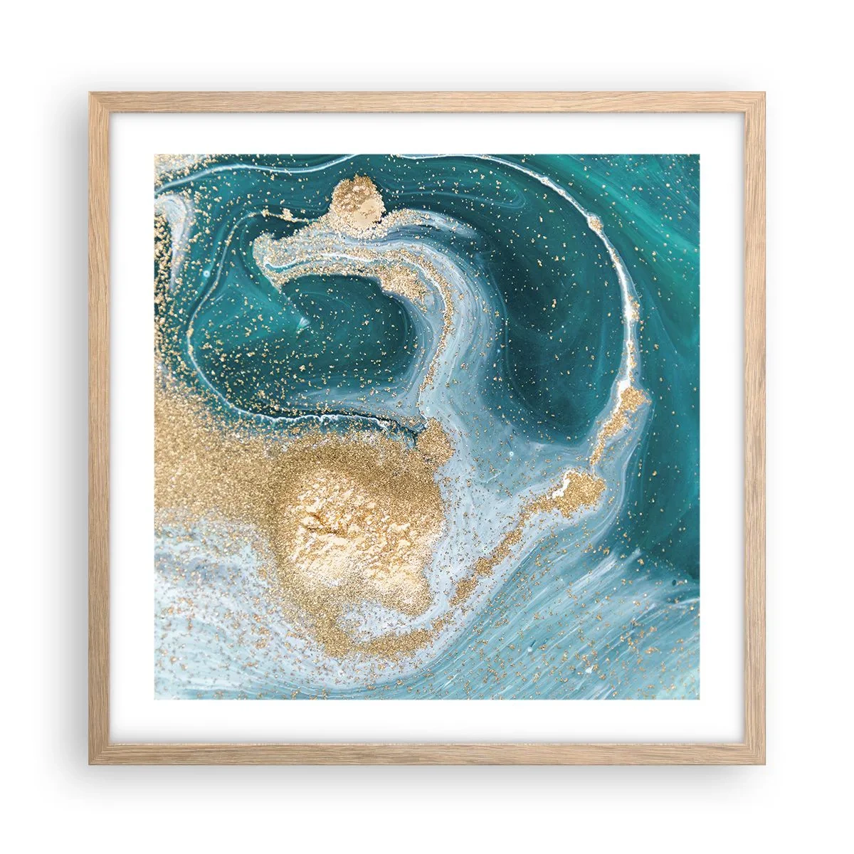 Póster en marco roble claro - Un remolino de oro y turquesa - 50x50 cm