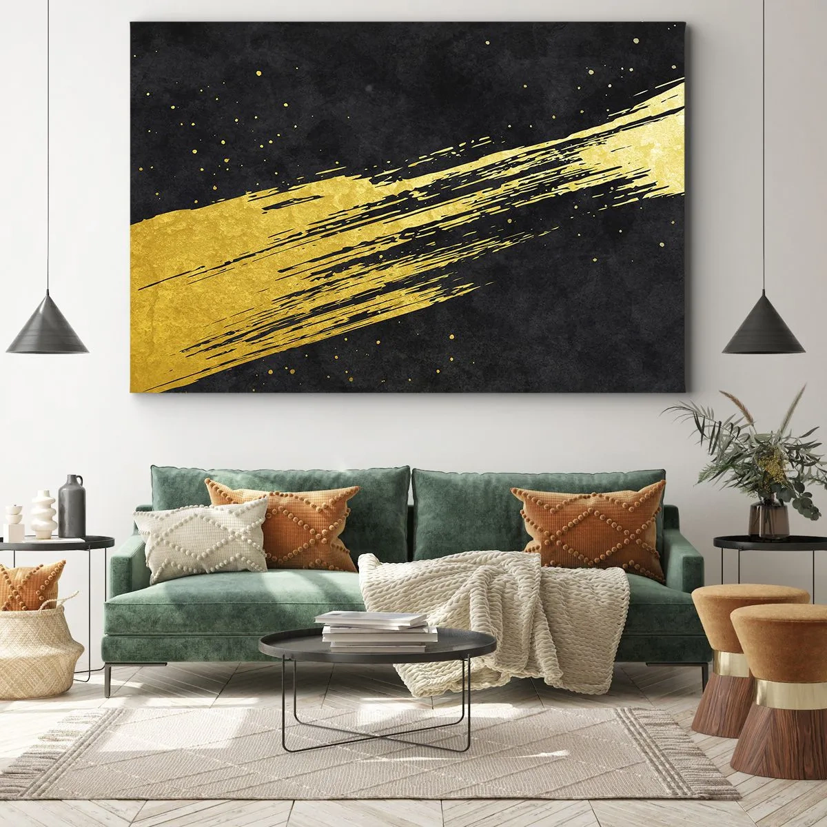 Cuadro sobre lienzo - Impresión de Imagen - Fondo negro con pinceladas doradas dinámicas - 70x50cm - Saltar al hiperespacio - Decoración de pared moderna para salón y dormitorio ARTTOR