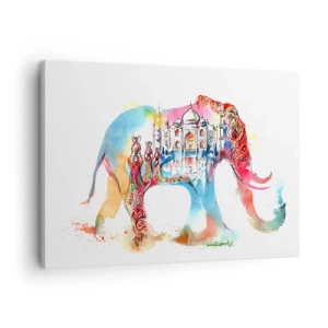 Cuadro sobre lienzo - Impresión de Imagen - Pintura de acuarela colorida de un elefante con un motivo del Taj Mahal. - 70x50cm - India: el aura del amor - Decoración de pared moderna para salón y dormitorio ARTTOR