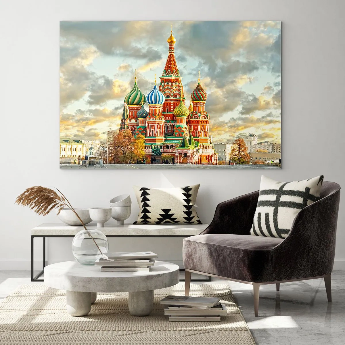 Cuadro sobre vidrio - Impresiones sobre Vidrio - La Catedral de San Basilio en Moscú bajo un cielo nublado - 70x50cm - Palacio de ensueño - Decoración de pared moderna para salón y dormitorio ARTTOR