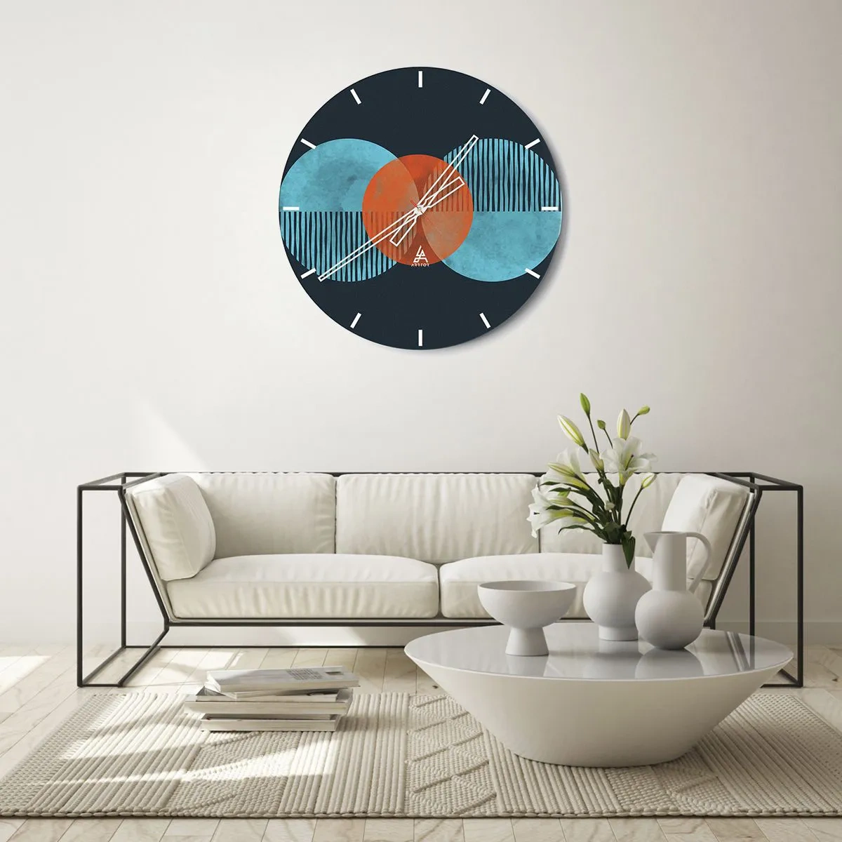 Reloj de pared - Reloj de vidrio - Una composición abstracta de círculos y líneas en tonos azules y naranjas. - 30x30cm - Composición simétrica - Decoración de pared moderna para salón, cocina y dormitorio ARTTOR