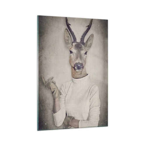 Cuadro sobre vidrio - Impresiones sobre Vidrio - Un tríptico con figuras de animales con ropa humana sobre un fondo artístico. - 80x120cm - Que los gestos hablen - Decoración de pared moderna para salón y dormitorio ARTTOR