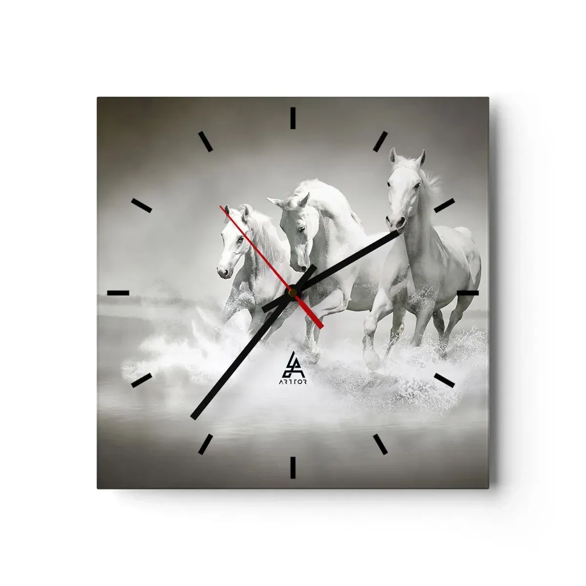 Reloj de pared - Reloj de vidrio - Tres caballos blancos galopando por el agua - 30x30cm - Locura blanca - Decoración de pared moderna para salón y dormitorio ARTTOR