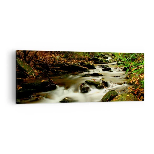 Cuadro sobre lienzo - Impresión de Imagen - Un arroyo forestal que fluye entre piedras rodeadas de vegetación. - 140x50cm - Como plata líquida - Decoración de pared moderna para salón y dormitorio ARTTOR