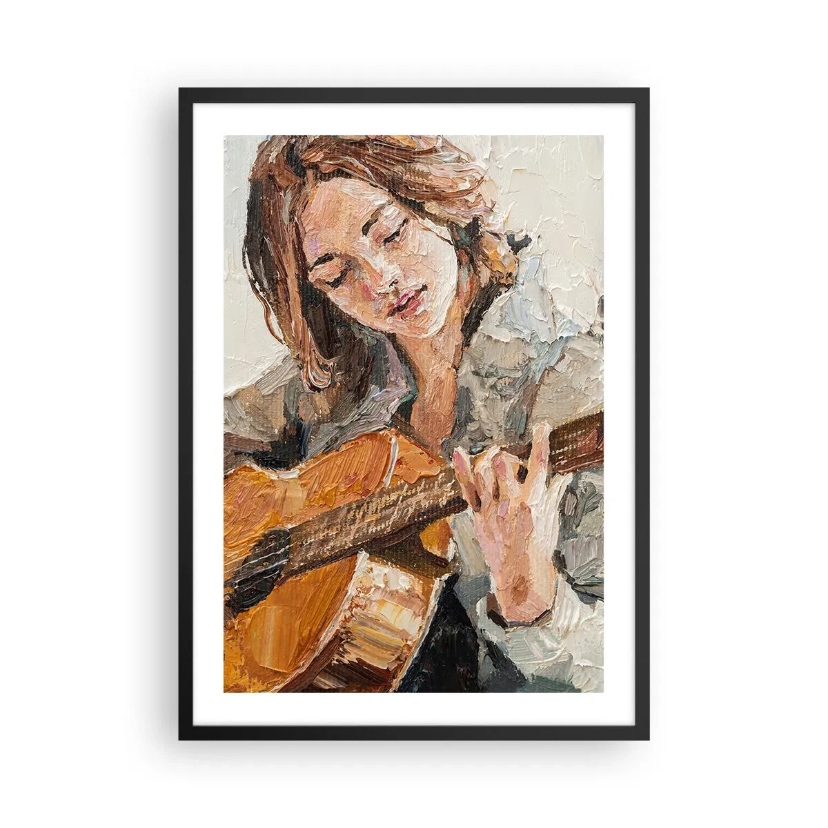 Póster en marco negro - Retrato de una mujer tocando la guitarra en estilo empasto - 50x70cm - Concierto de guitarra y corazón joven - Decoración de pared moderna para salón y dormitorio ARTTOR