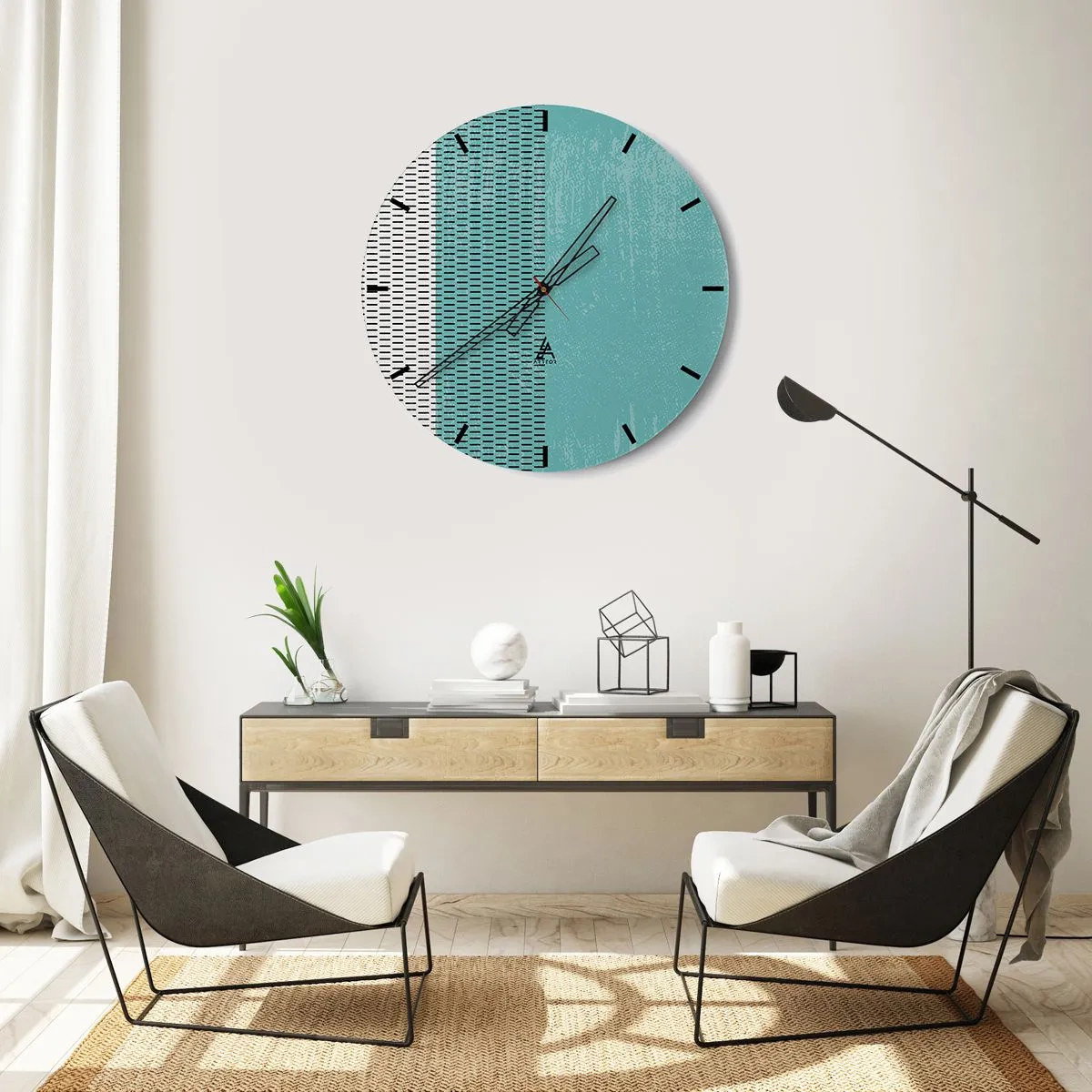 Reloj de pared - Reloj de vidrio - Gráficos en turquesa y negro con un patrón y textura rítmicos. - 30x30cm - Composición equilibrada - Decoración de pared moderna para salón, cocina y dormitorio ARTTOR