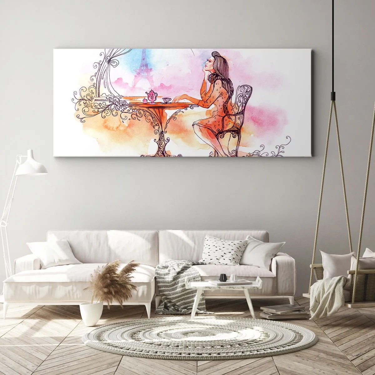 Cuadro sobre lienzo - Impresión de Imagen - Acuarela romántica de una mujer en un café con vistas a una torre. - 160x50cm - Estilo parisino - Decoración de pared moderna para salón y dormitorio ARTTOR