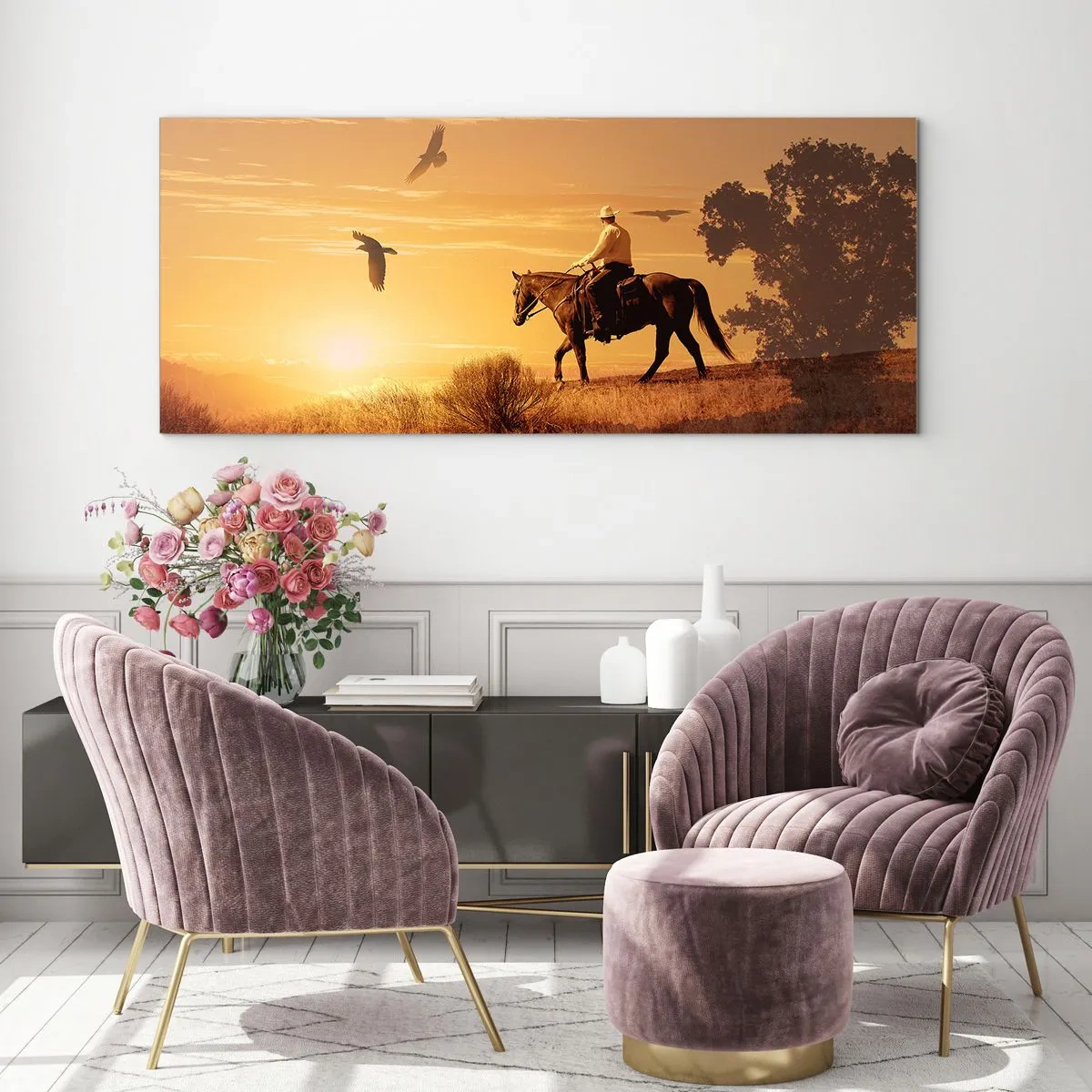 Cuadro sobre vidrio - Impresiones sobre Vidrio - Un jinete a caballo al atardecer contra la pradera. - 160x50cm - Solo a través de la pradera - Decoración de pared moderna para salón y dormitorio ARTTOR