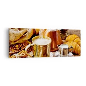 Cuadro sobre lienzo - Impresión de Imagen - Una taza de café dorada rodeada de granos, jarras y croissants. - 140x50cm - Que tengas un buen día - Decoración de pared moderna para salón y dormitorio ARTTOR