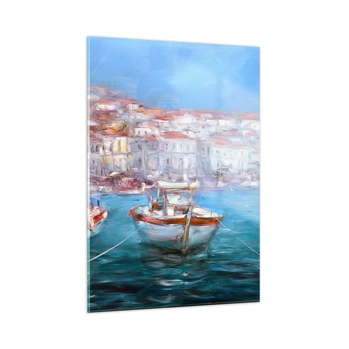 Cuadro sobre vidrio - Impresiones sobre Vidrio - Puerto pesquero con barcos con edificios italianos como telón de fondo y un cielo azul. - 50x70cm - Bahía italiana - Decoración de pared moderna para salón y dormitorio ARTTOR