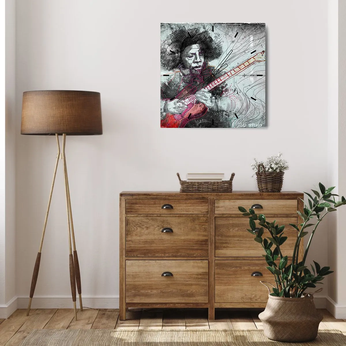 Reloj de pared - Reloj de vidrio - Retrato artístico de un guitarrista en la técnica del boceto. - 30x30cm - Volando con la música - Decoración de pared moderna para salón y dormitorio ARTTOR