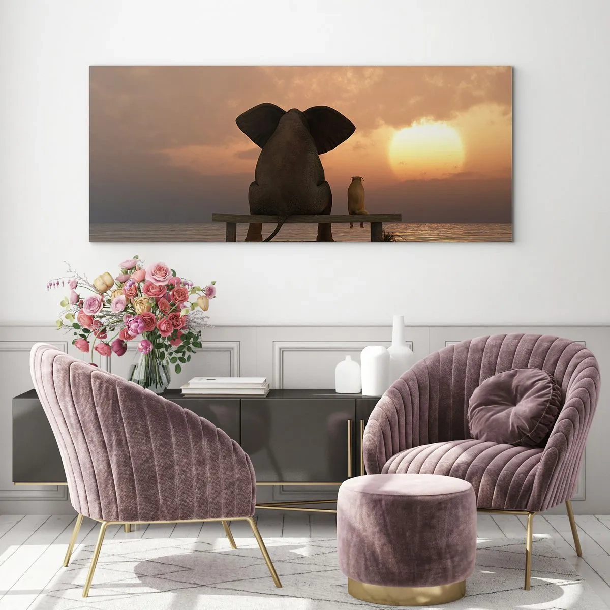 Cuadro sobre vidrio - Impresiones sobre Vidrio - Un elefante y un perro están sentados en un banco en la playa durante el atardecer. - 120x50cm - Es bueno estar en silencio juntos - Decoración de pared moderna para salón y dormitorio ARTTOR