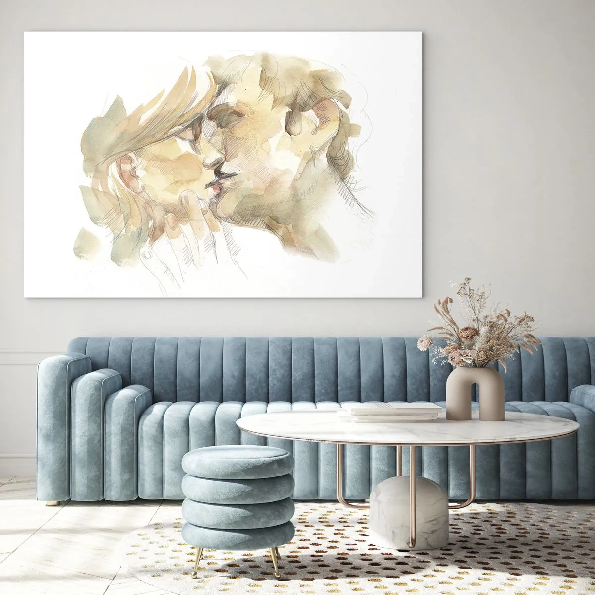 Cuadro sobre vidrio - Impresiones sobre Vidrio - Pintura romántica de acuarela de un beso de amantes. - 100x70cm - ¿La media naranja encontrada? - Decoración de pared moderna para salón y dormitorio ARTTOR