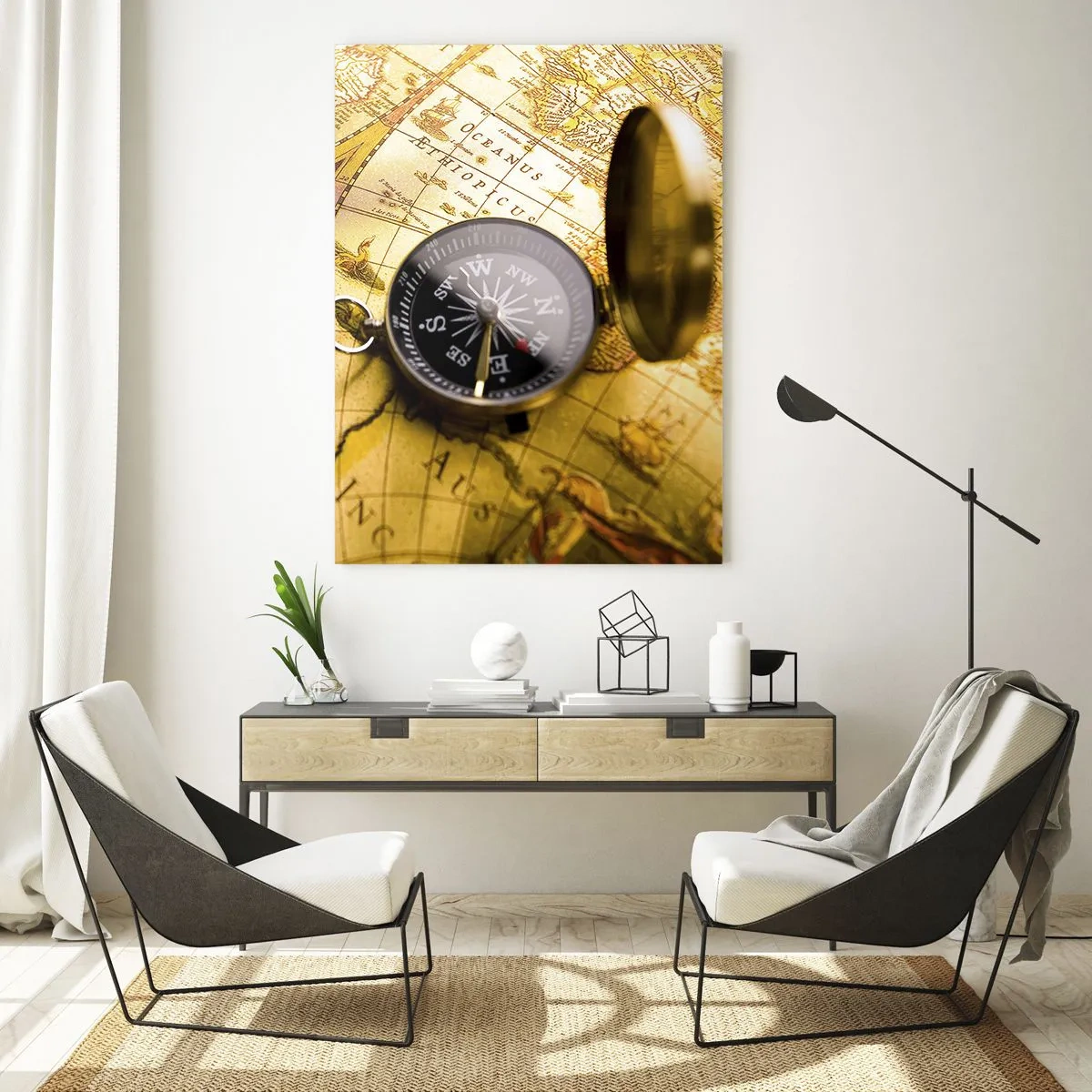 Cuadro sobre vidrio - Impresiones sobre Vidrio - Una brújula antigua sobre el fondo de un mapa del viejo mundo. - 80x120cm - ¿Hasta el fin del mundo? - Decoración de pared moderna para salón y dormitorio ARTTOR