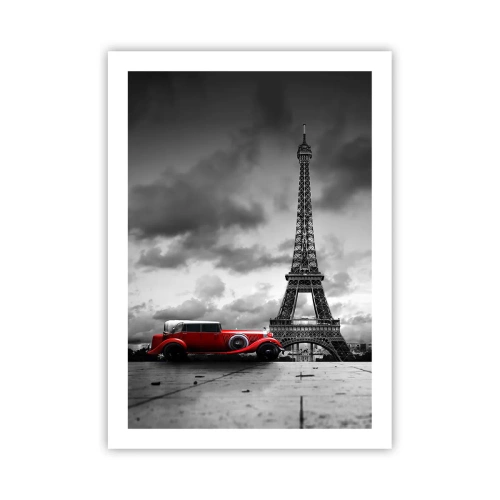 Póster - Un coche rojo frente a la Torre Eiffel en blanco y negro. - 50x70cm - No hace mucho tiempo, en París - Decoración de pared moderna para salón y dormitorio ARTTOR