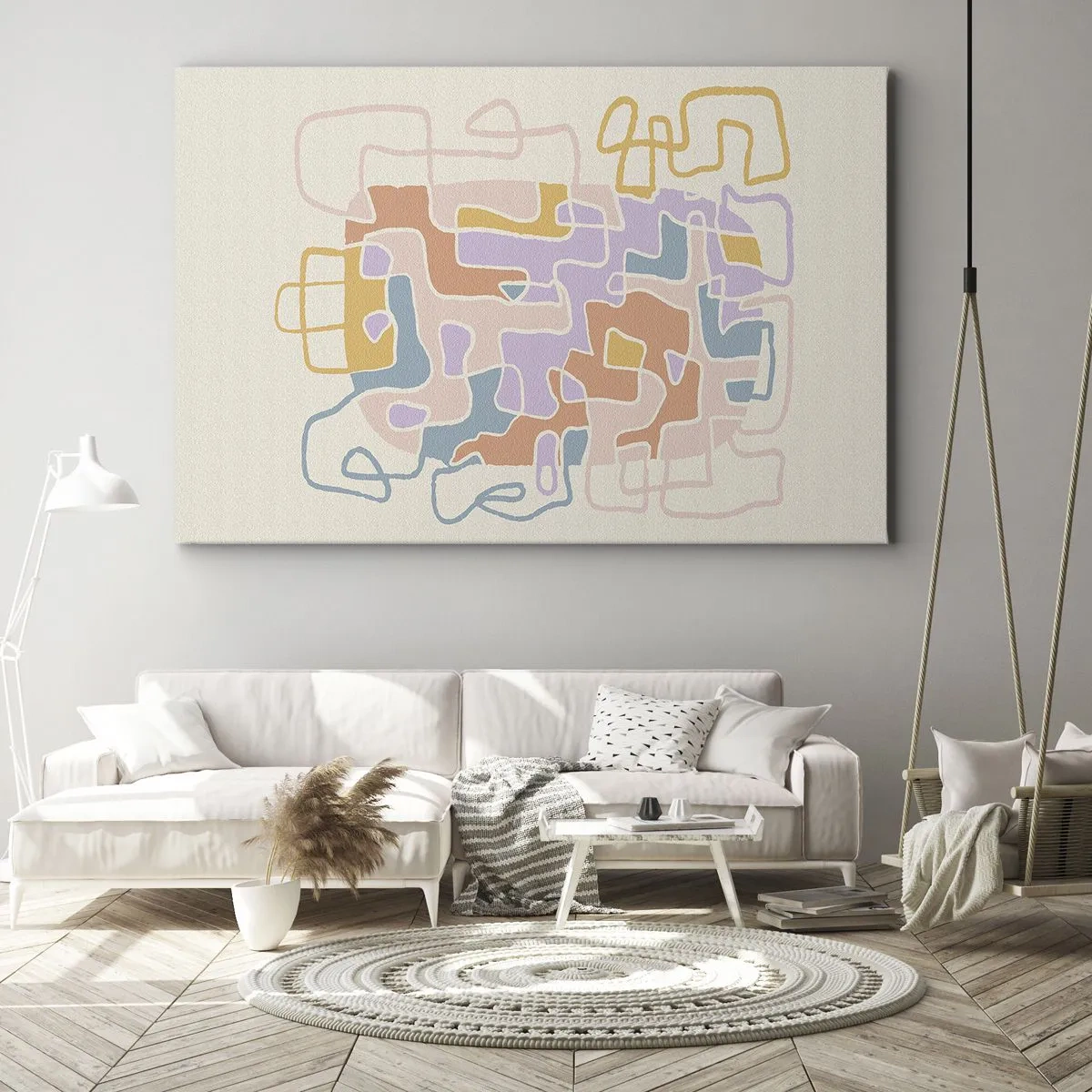 Cuadro sobre lienzo - Impresión de Imagen - Líneas abstractas pastel que crean patrones geométricos. - 70x50cm - Laberinto - una alegre aventura - Decoración de pared moderna para salón y dormitorio ARTTOR