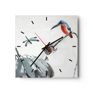 Reloj de pared - Reloj de vidrio - Un pájaro colorido sobre un fondo de vegetación y una libélula. - 30x30cm - La vida de la pradera - Decoración de pared moderna para salón y dormitorio ARTTOR