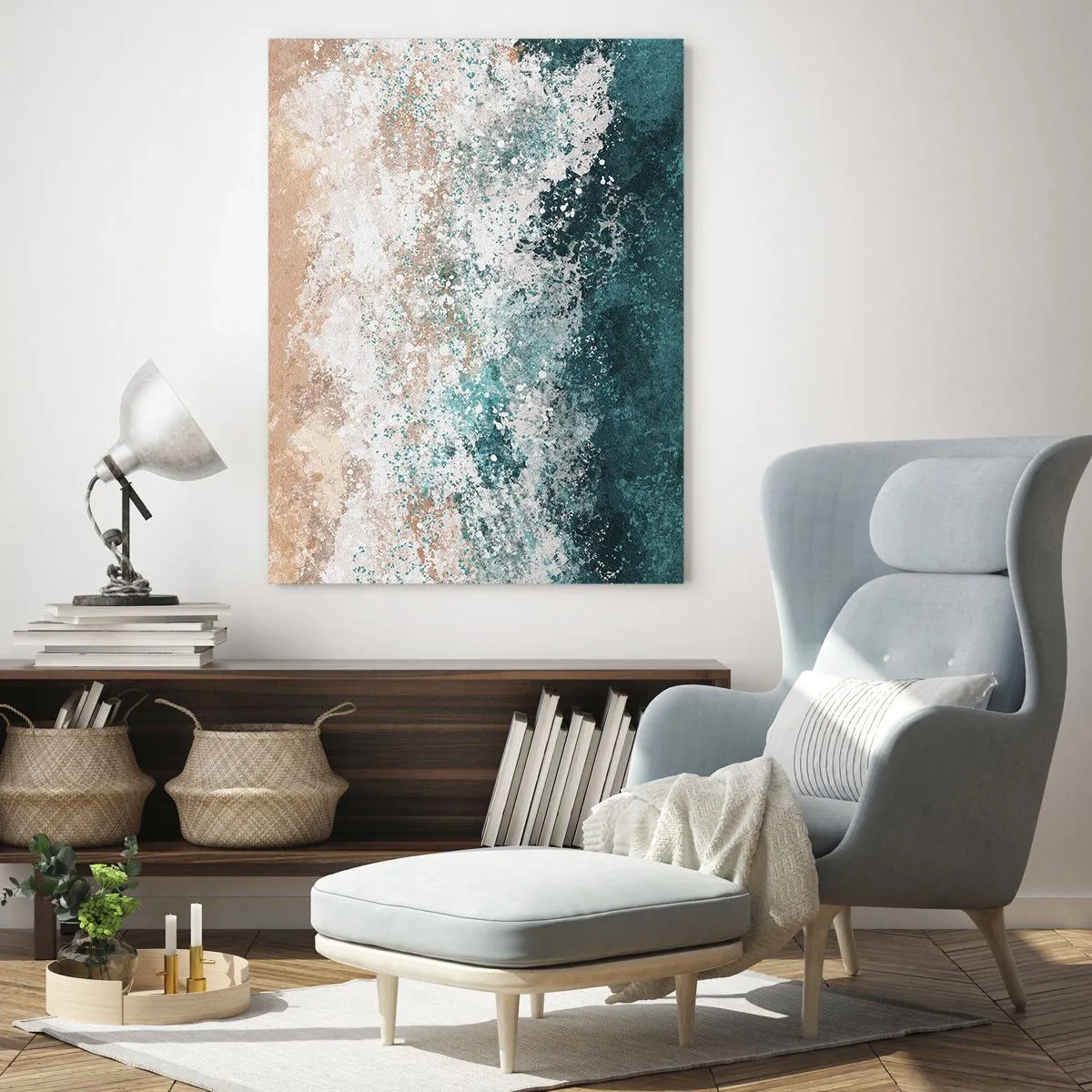 Cuadro sobre vidrio - Impresiones sobre Vidrio - Ola marina abstracta en tonos turquesa, blanco y beige arena. - 50x70cm - Historias del mar - Decoración de pared moderna para salón y dormitorio ARTTOR