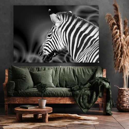 Cuadro sobre lienzo - Impresión de Imagen - Retrato en blanco y negro de una cebra sobre un fondo de patrones abstractos. - 70x50cm - El blanco es blanco, el negro es negro - Decoración de pared moderna para salón y dormitorio ARTTOR