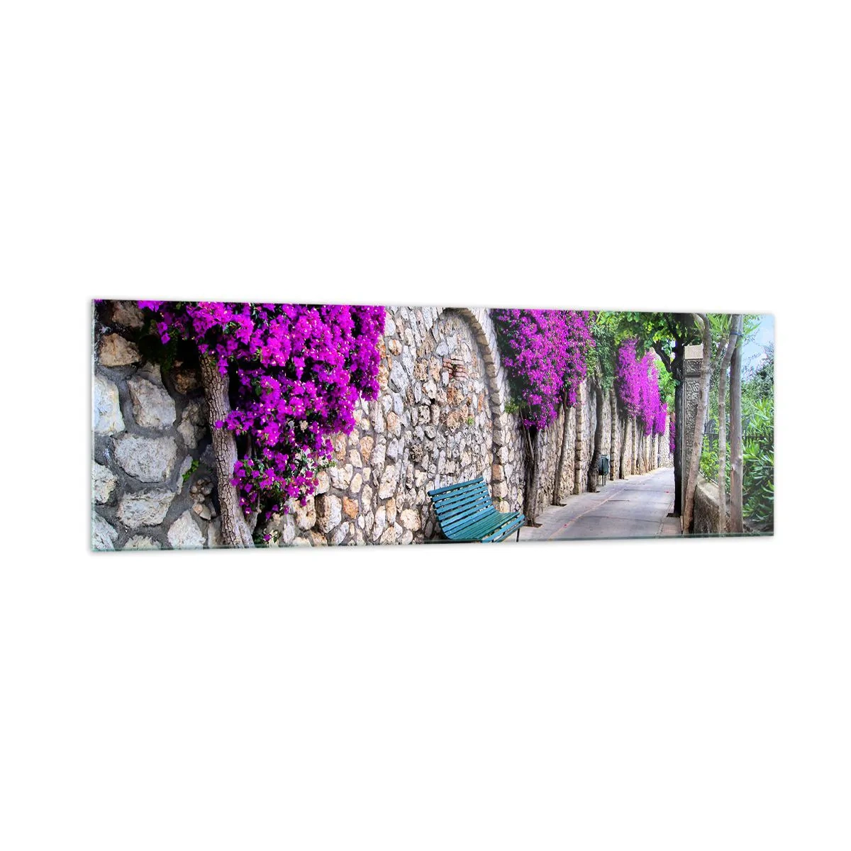 Cuadro sobre vidrio - Impresiones sobre Vidrio - Un camino de piedra con un banco y flores moradas en flor. - 160x50cm - Punto de reunión - Decoración de pared moderna para salón y dormitorio ARTTOR